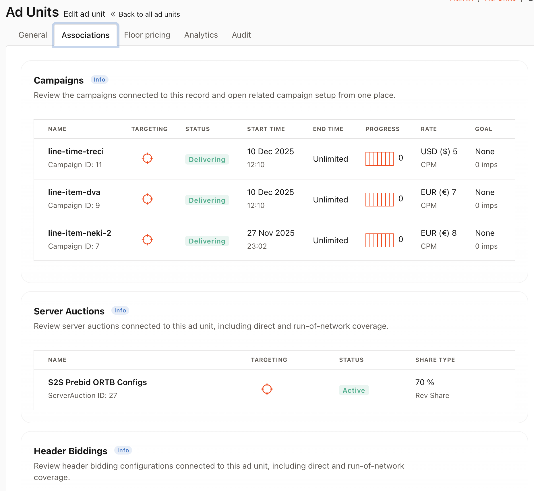 Adelerate ad unit connecting direct campaigns, server auctions, and header bidding demand