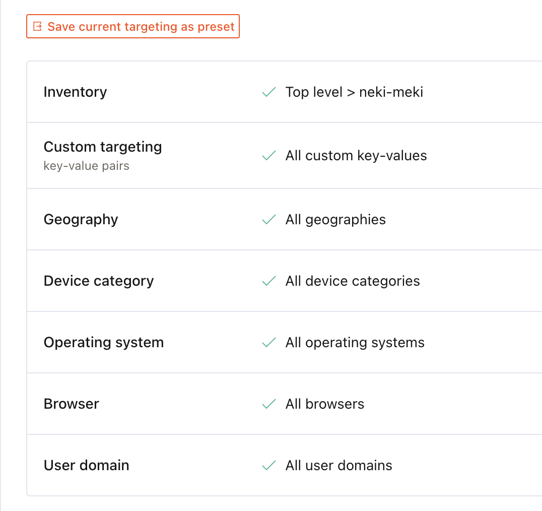 Adelerate targeting controls for inventory, key-values, geography, devices, operating systems, browsers, and domains